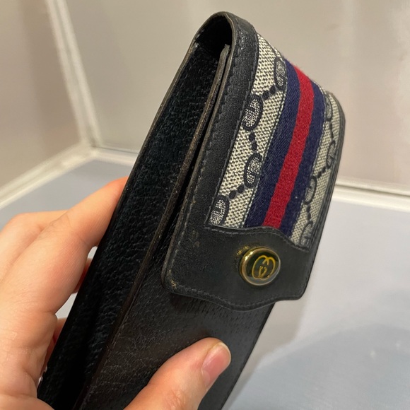 Used Gucci VTG Sherry Lined Stripe Blue Cigarette Pouch Logo Leather Case Auth! - Picture 8 of 16